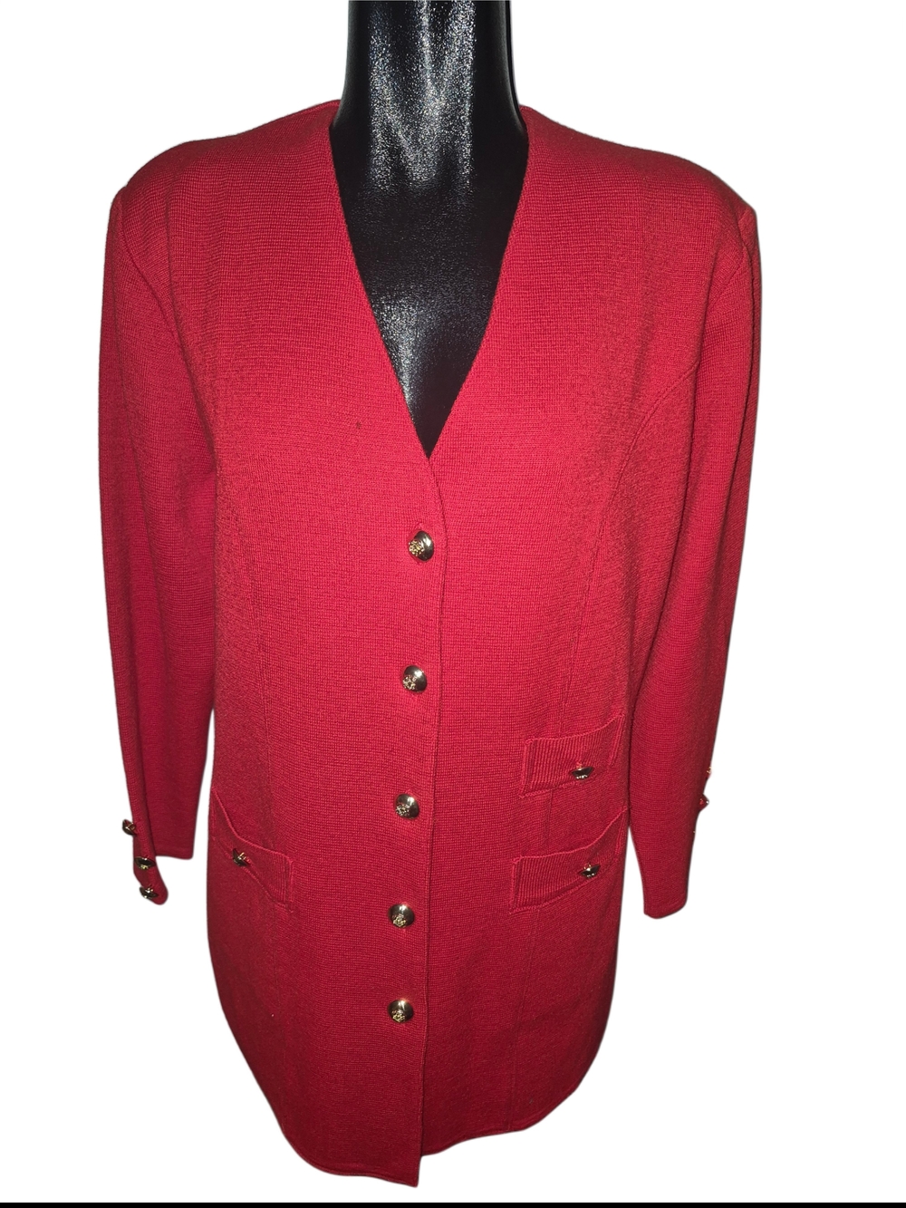 Vintage 80's Gianini Red Wool Blend Gold Crest Button-Front Cardigan Sweater